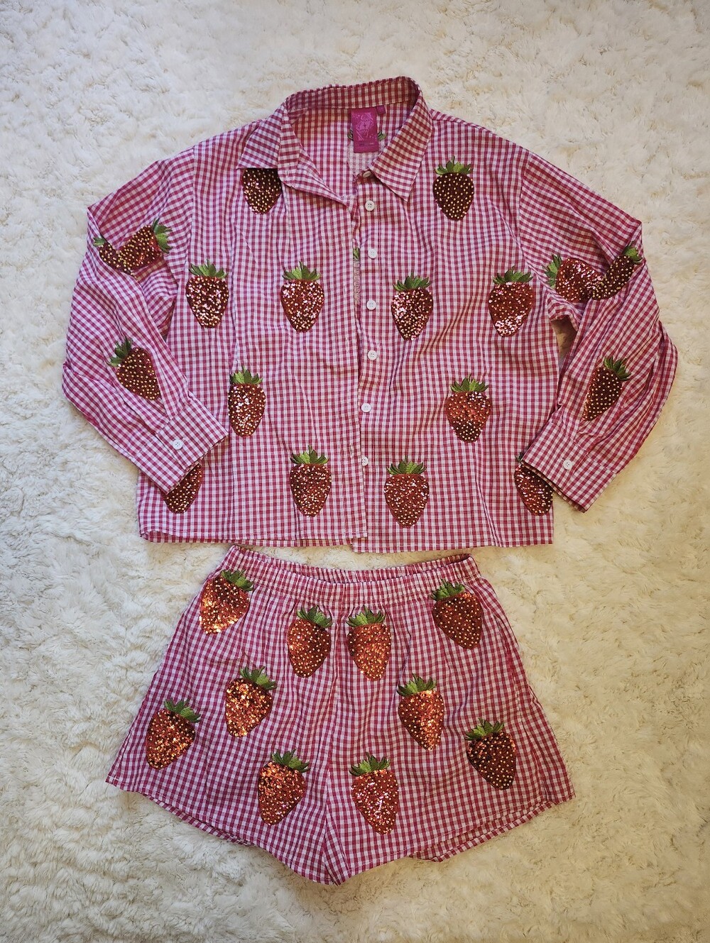 Queen Of Sparkles Gingham Strawberry Sequin Pajama Set